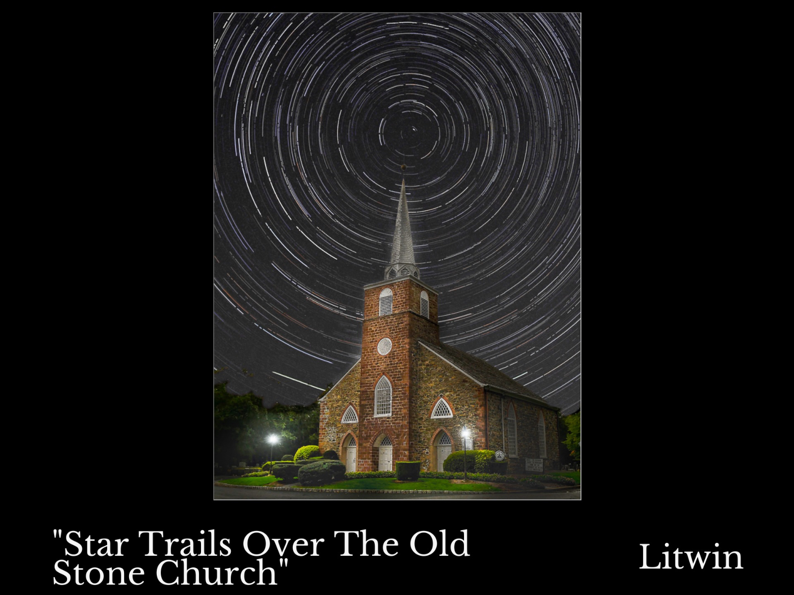 Star Trails over Old Stone Church framed